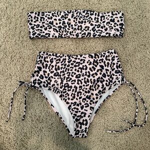Cupshe Womens Bandeau Bikini Set Leopard Print Tube Top Tie Side Size Small
